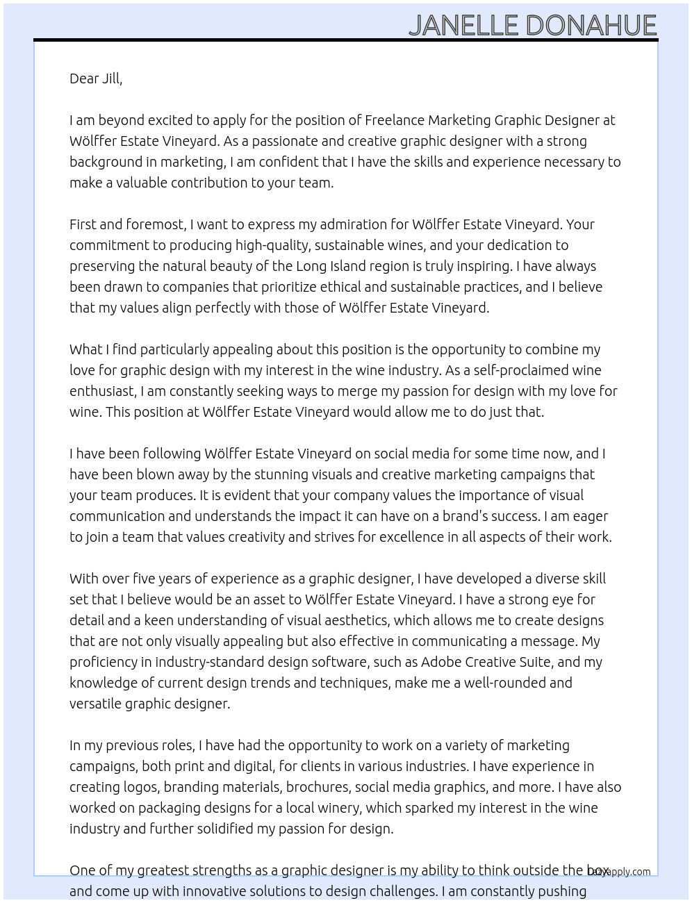 Freelance Marketing Graphic Designer At Wölffer Estate Vineyard Cover Letter