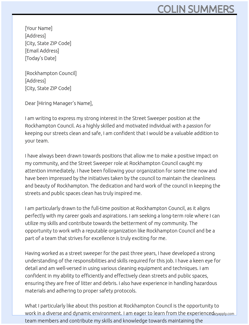 Street sweeper  At Rockhampton council  Cover Letter