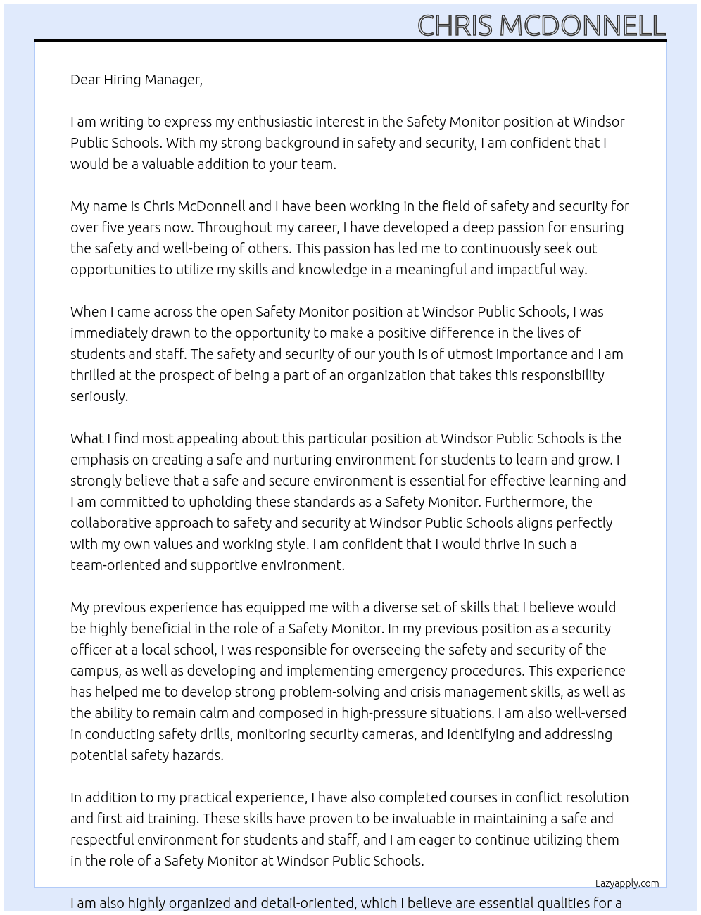 Safety Monitor At Windsor Public Schools  Cover Letter