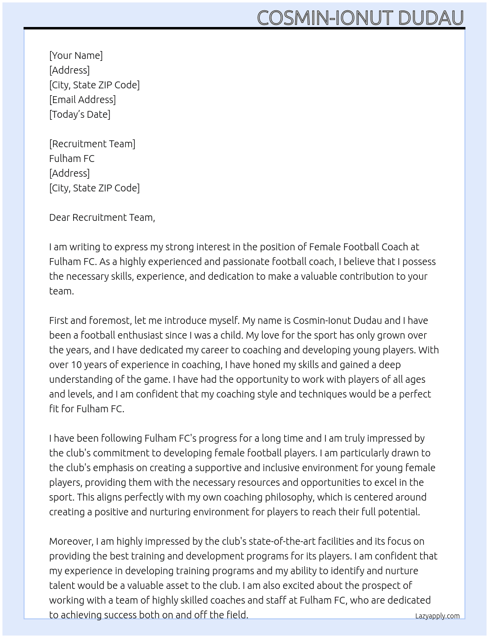Football and Sports Coaches – Female Football At Fulham FC Cover Letter