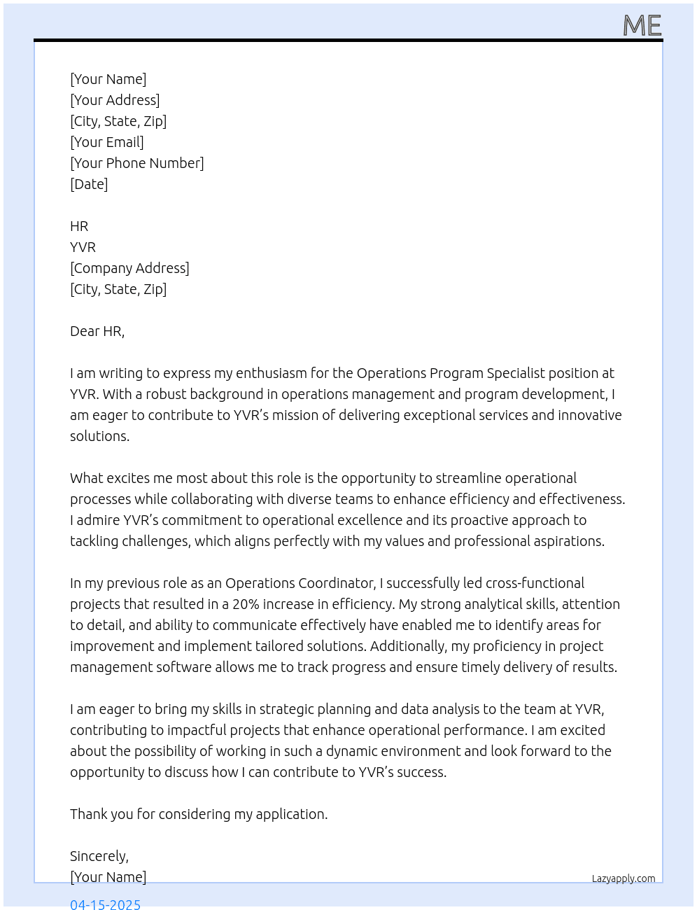 Operations Program Specialist  At YVR Cover Letter