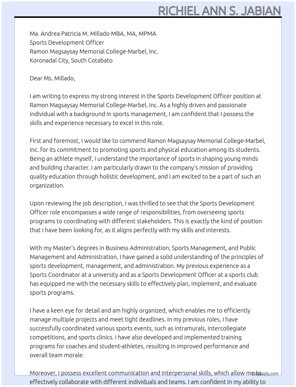Sports Development Officer At Ramon Magsaysay Memorial College-Marbel, Inc. Cover Letter