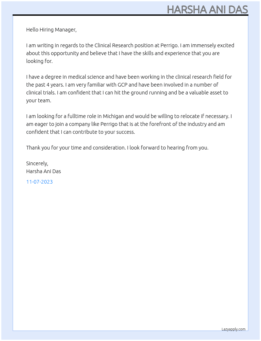 Clinical Research At Perrigo Cover Letter