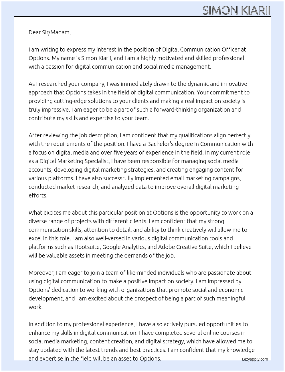 Digital Communication Officer  At Options Cover Letter