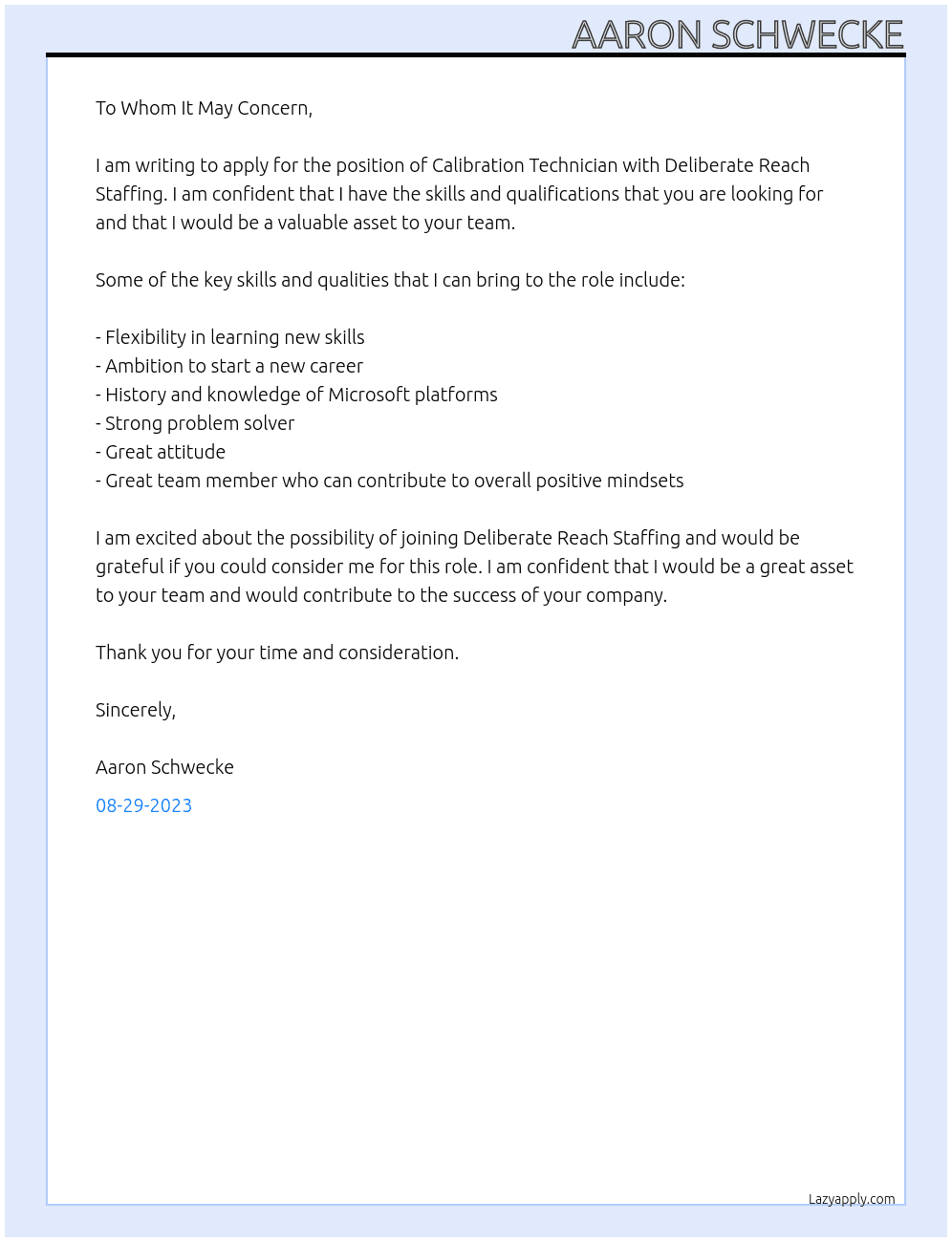 Calibration Technician At Deliberate Reach Staffing Cover Letter
