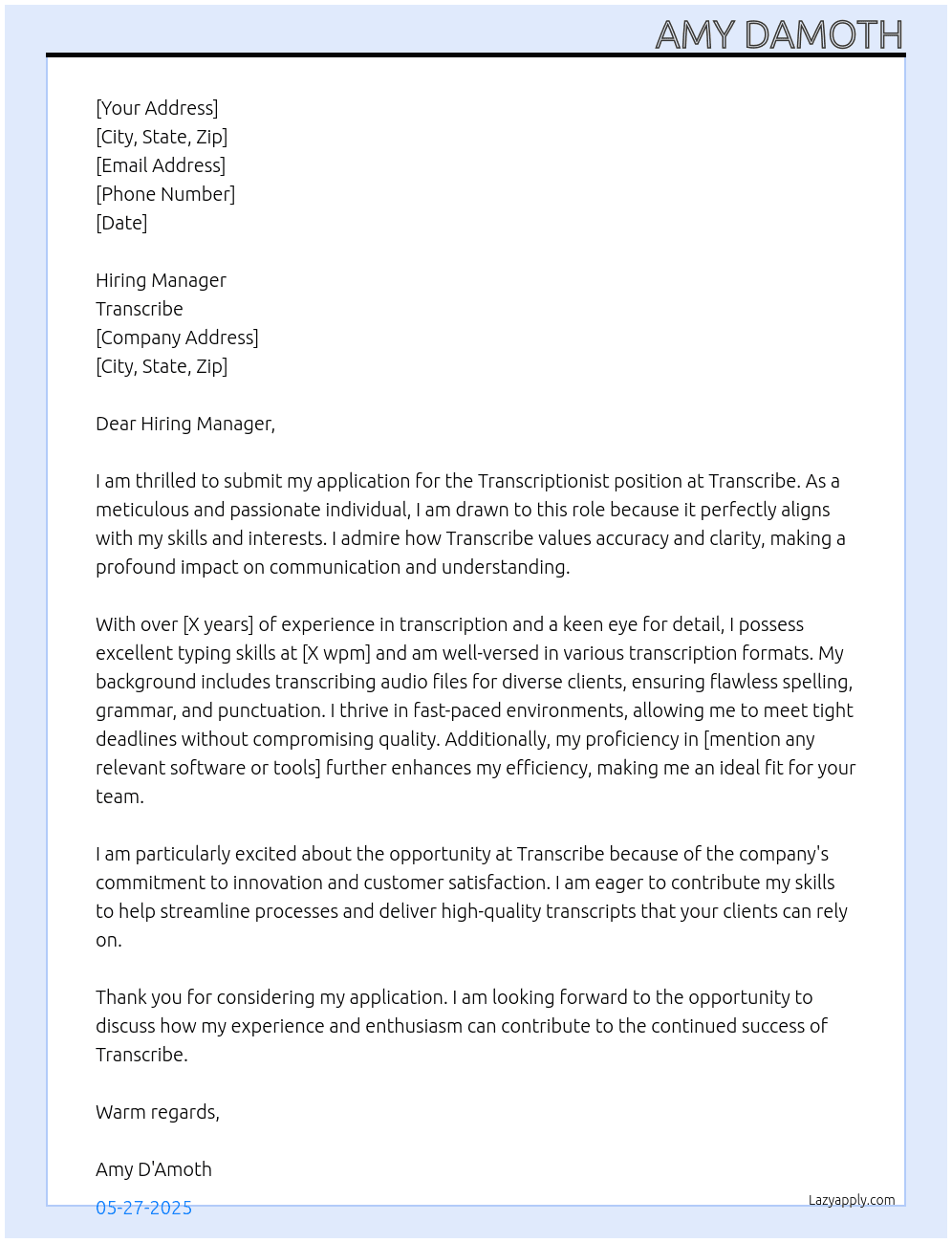 Transcriptionist At Transcribe Cover Letter