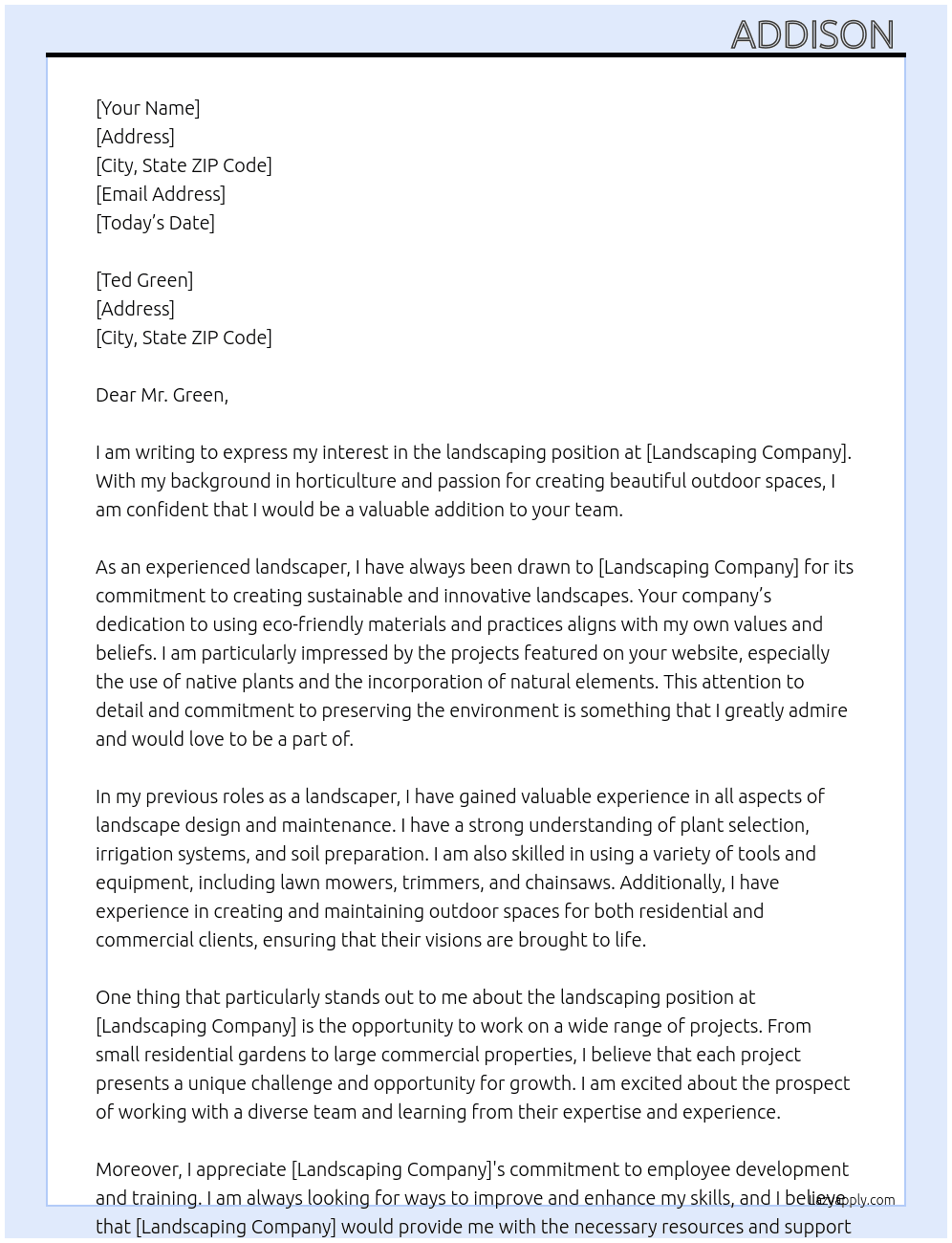 landscaping  At landscaping  Cover Letter