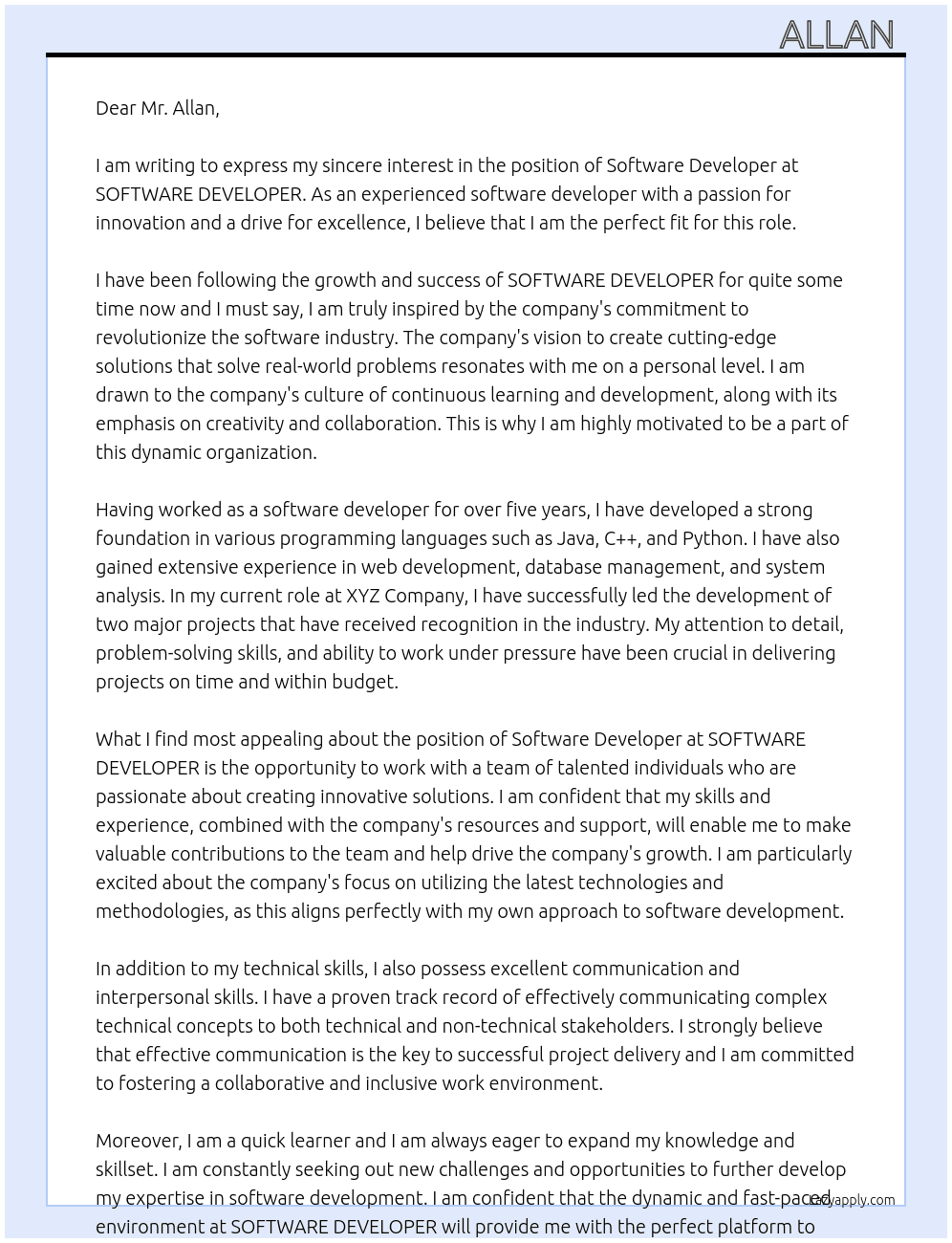 software developer At SOFTWARE DEVELOPER Cover Letter
