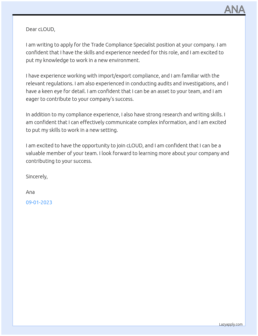 Trade Compliance Specialist At cLOUD Cover Letter