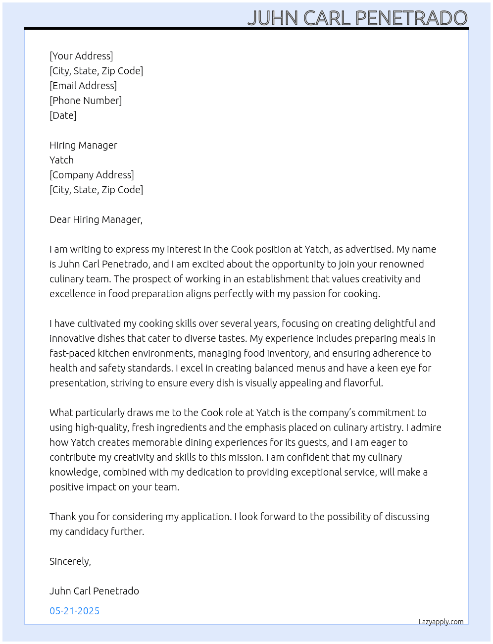 Cook At Yatch Cover Letter