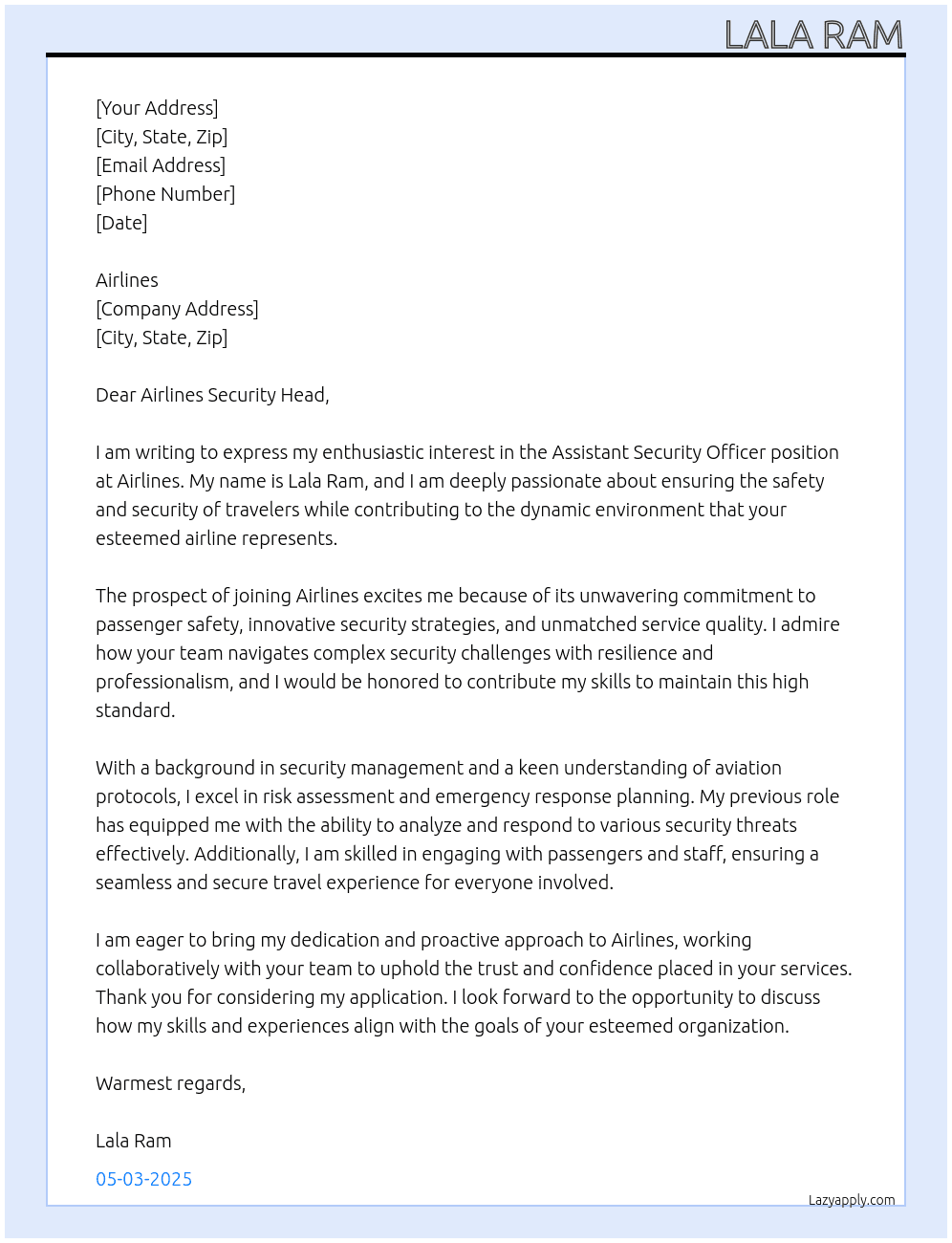 Assistant security officer  At Airlines  Cover Letter