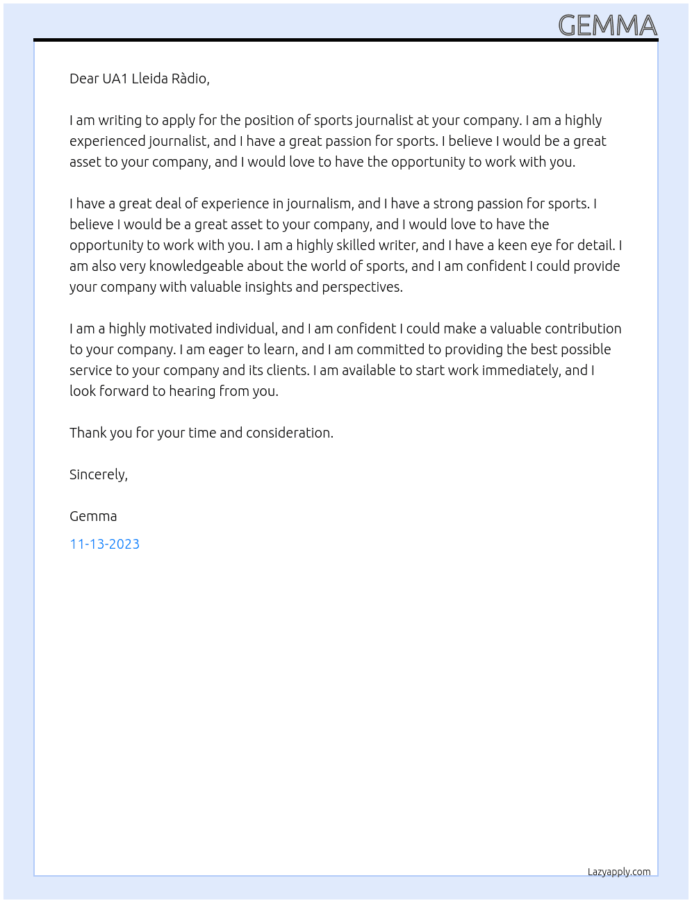 Sports journalist  At UA1 Lleida Ràdio Cover Letter