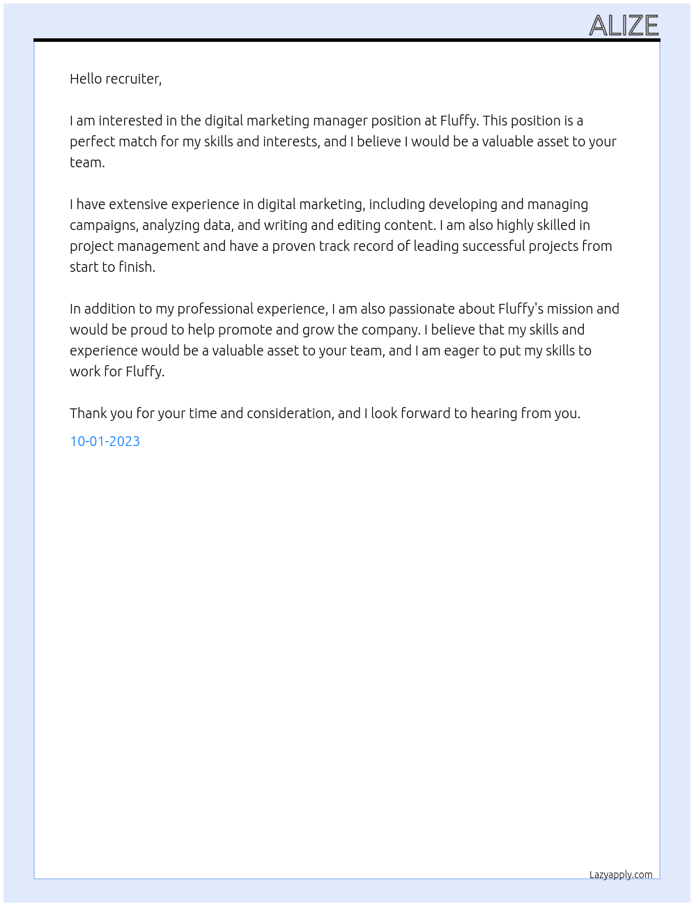 Digital marketing manager At Fluffy Cover Letter