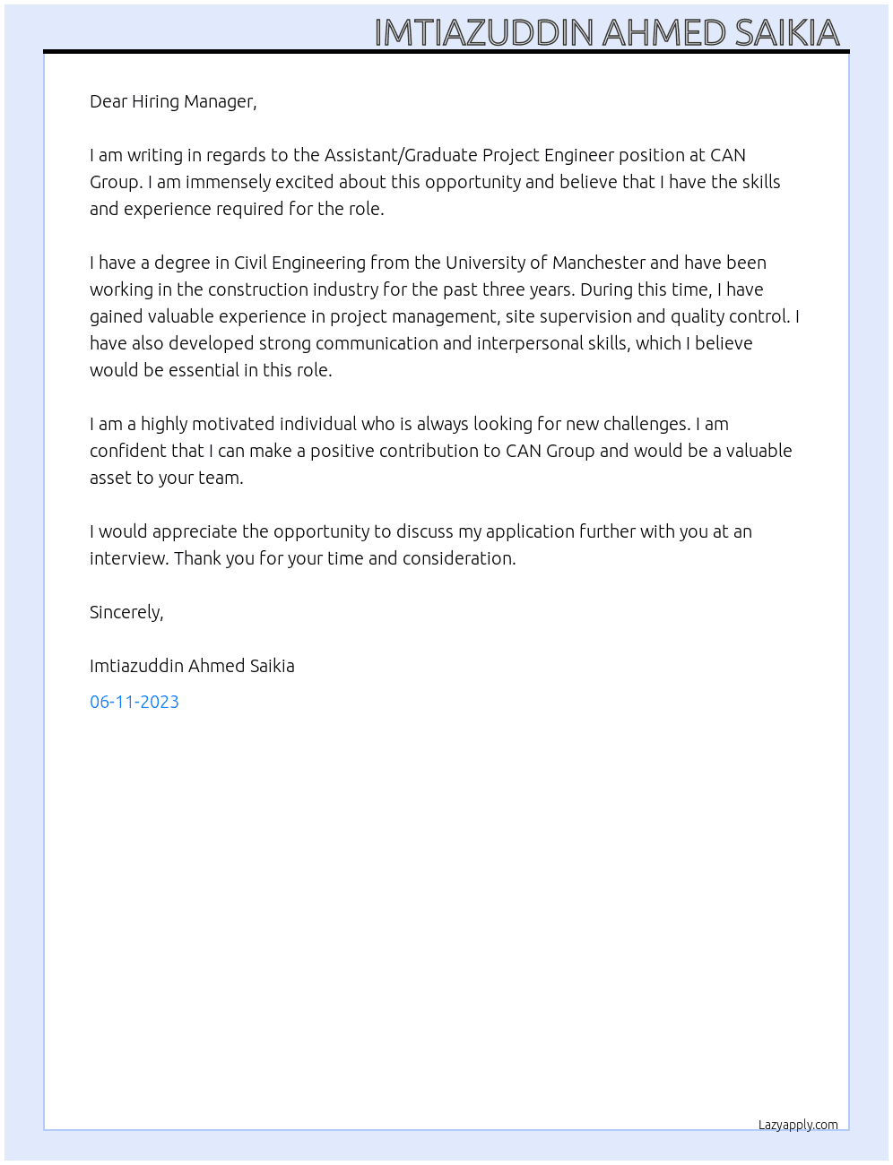 Assistant/Graduate Project Engineer  At CAN Group Cover Letter