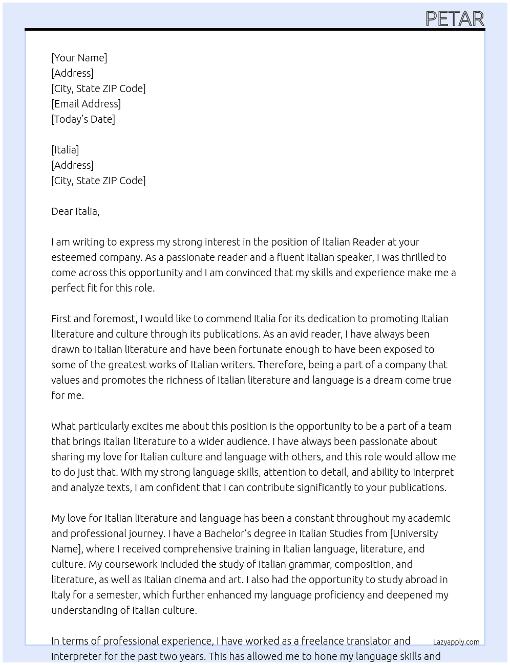 italian reader At italia Cover Letter