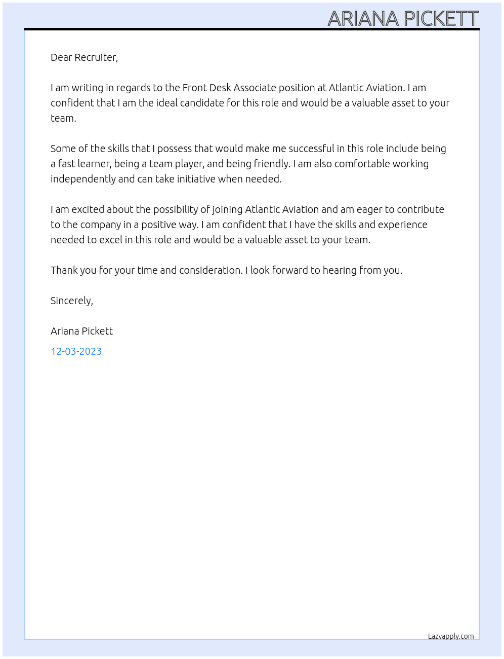 Front Desk Associate  At Atlantic Aviation  Cover Letter