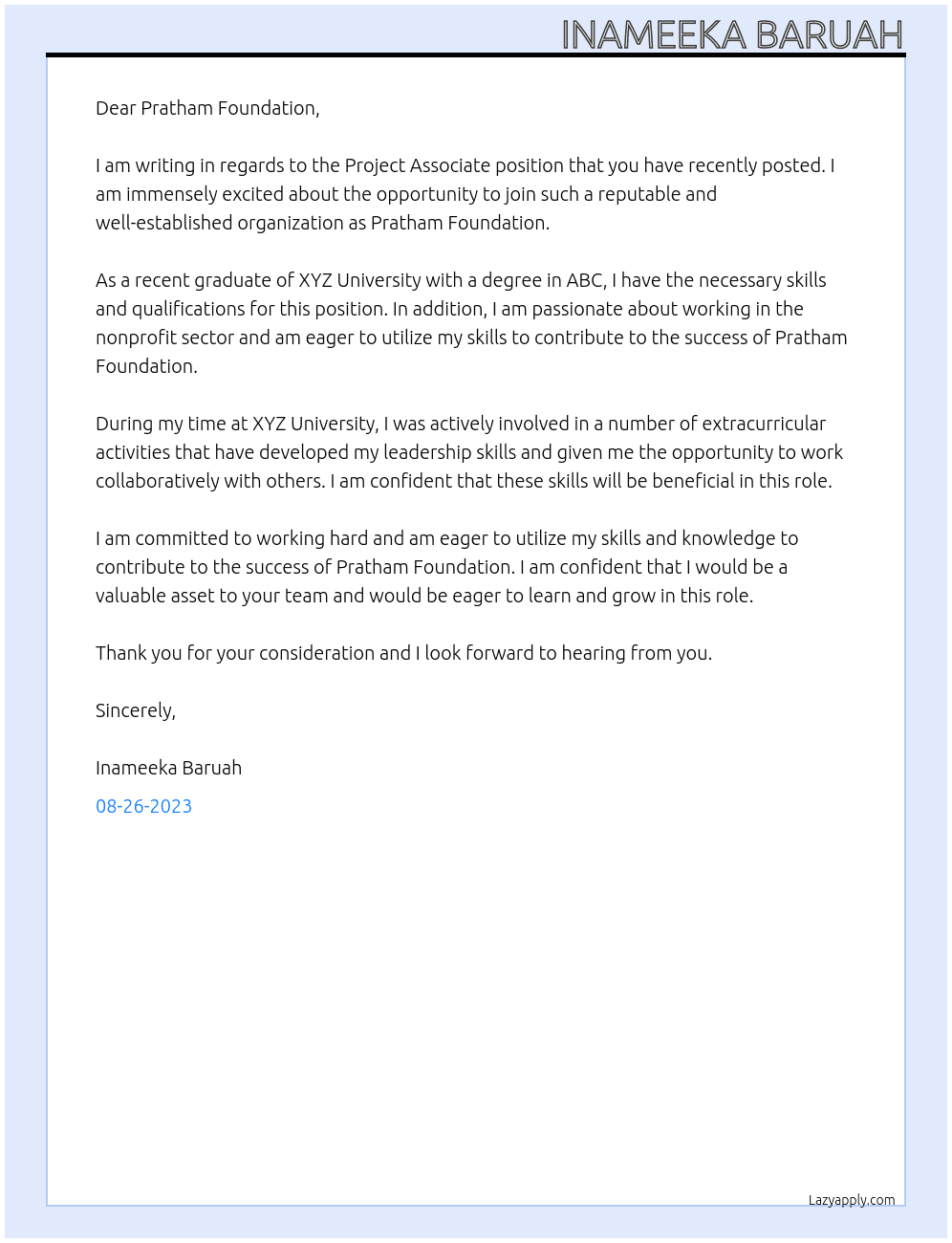Project Associate At Pratham Foundation Cover Letter