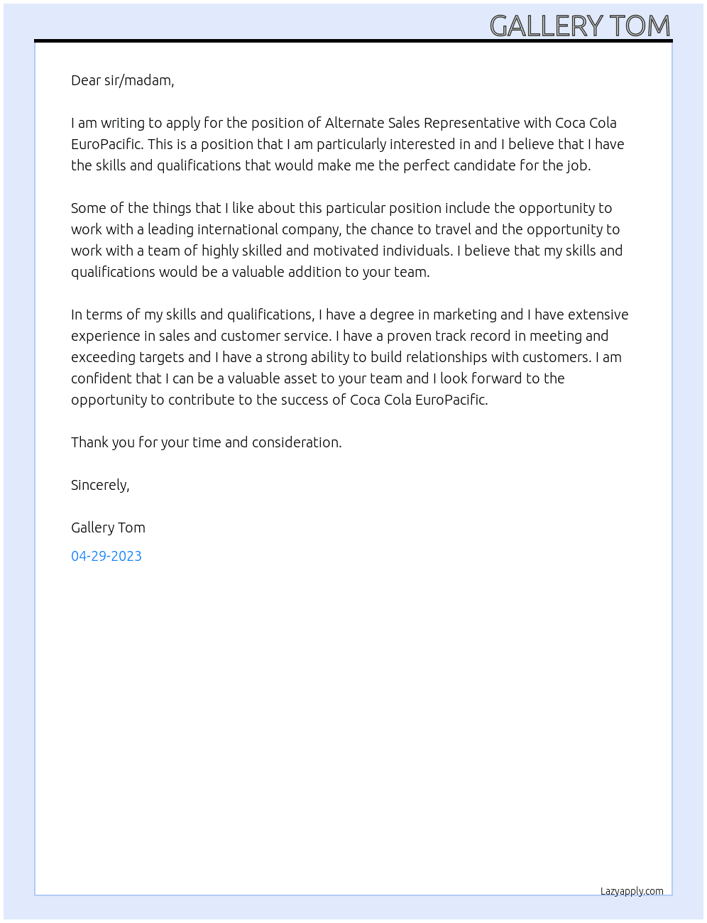 Alternate Sales Representative At Coca Cola EuroPacific Cover Letter