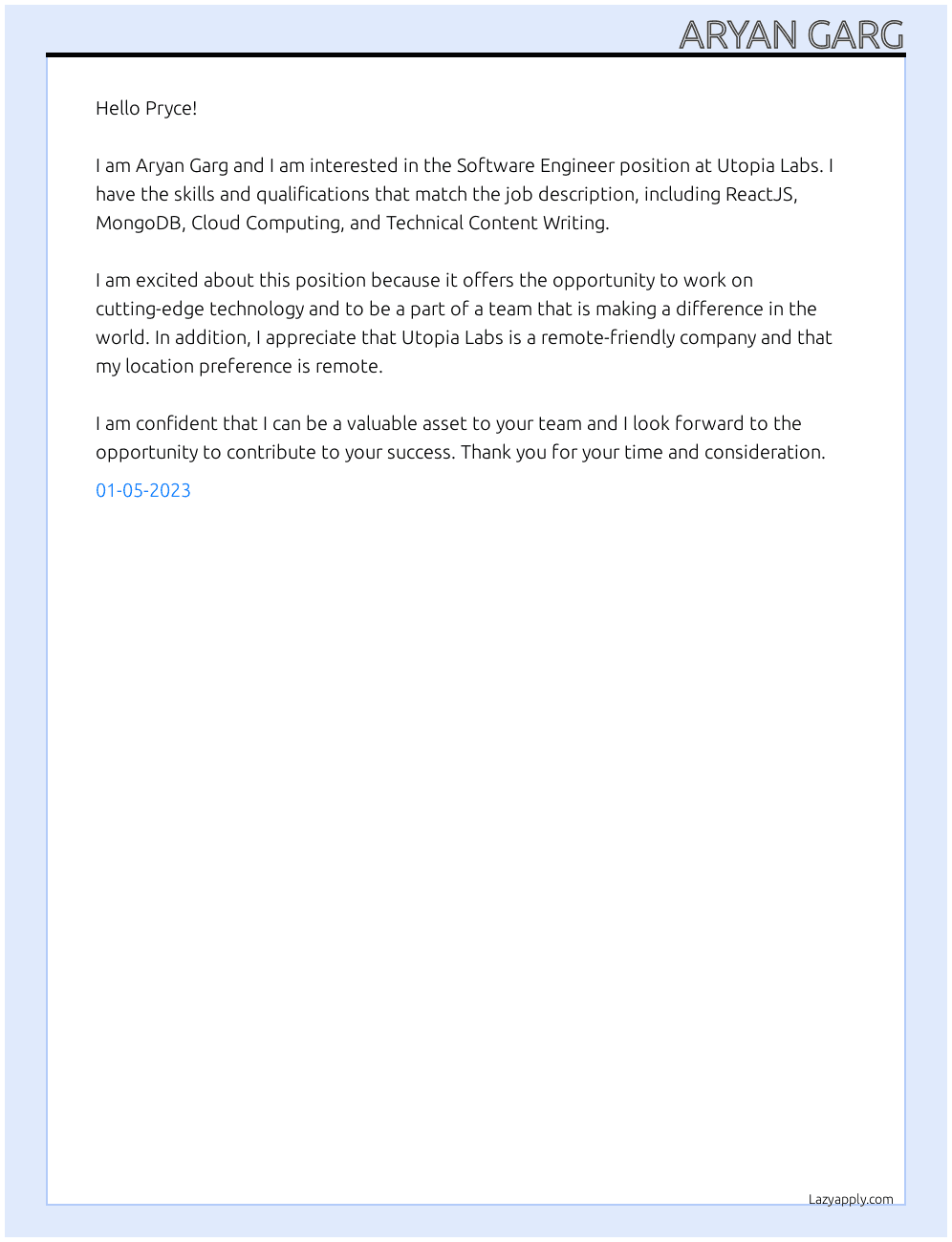 Software Engineer At Utopia Labs Cover Letter