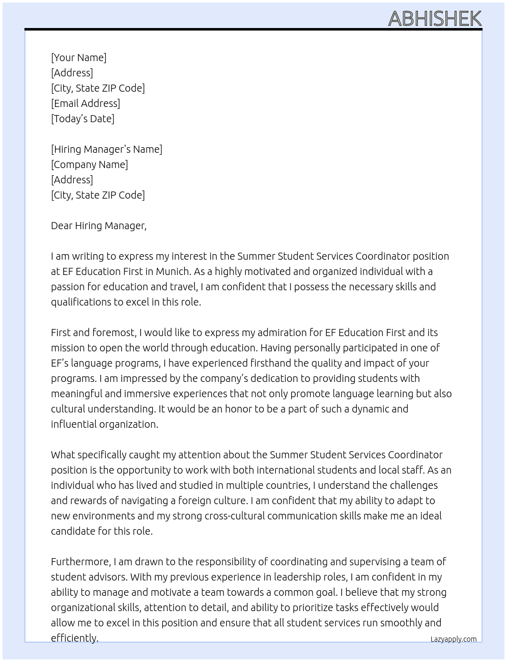 Summer Student Services Coordinator Munich At EF Education First Cover Letter