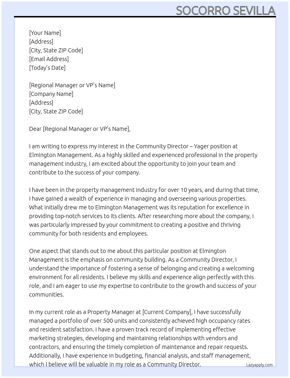 Community Director - Yager At Elmington Management Cover Letter
