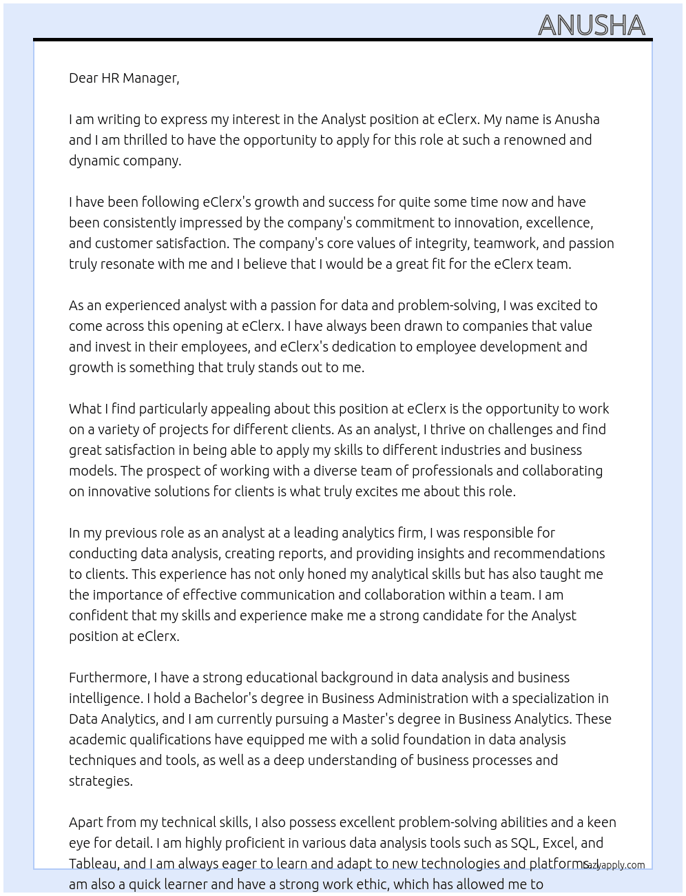Analyst  At eClerx Cover Letter