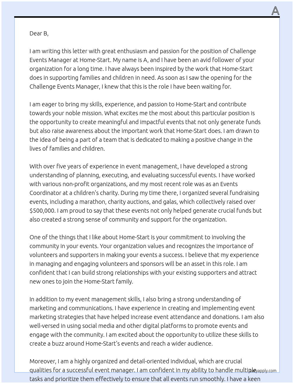 Challenge events manager At Home-Start Cover Letter
