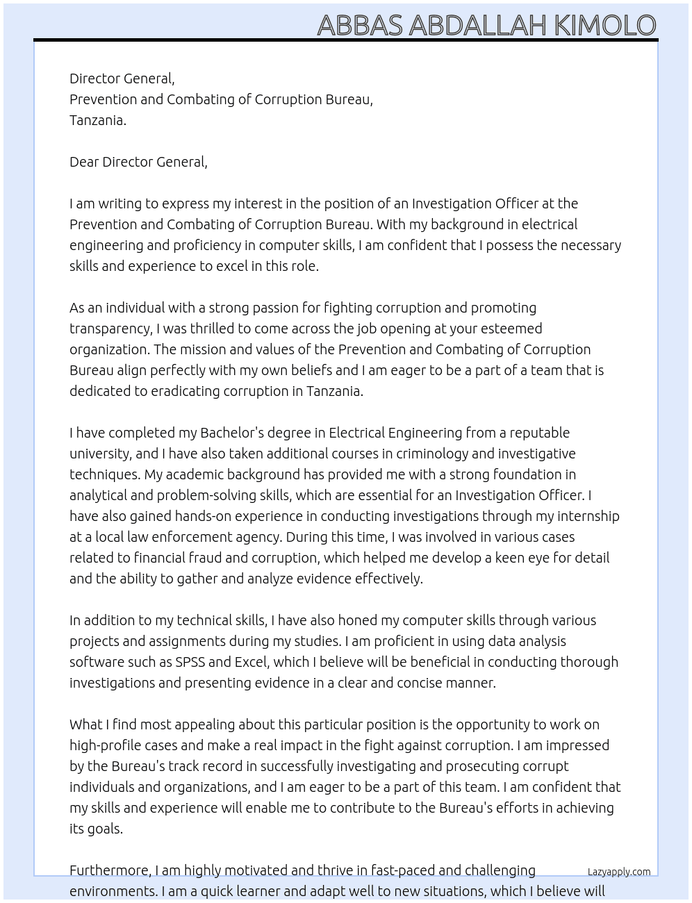 Investigation officer At Prevention and Combating of Corruption Bureau Cover Letter