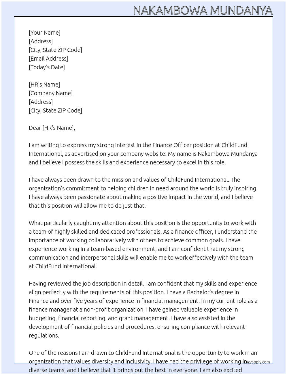 finance officer At childfund international Cover Letter
