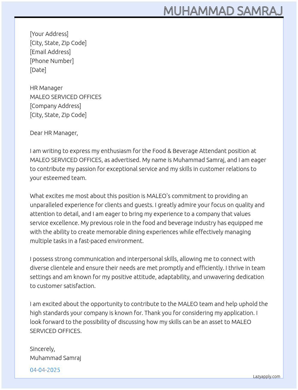 Food & Beverage Attendant At MALEO SERVICED OFFICES Cover Letter