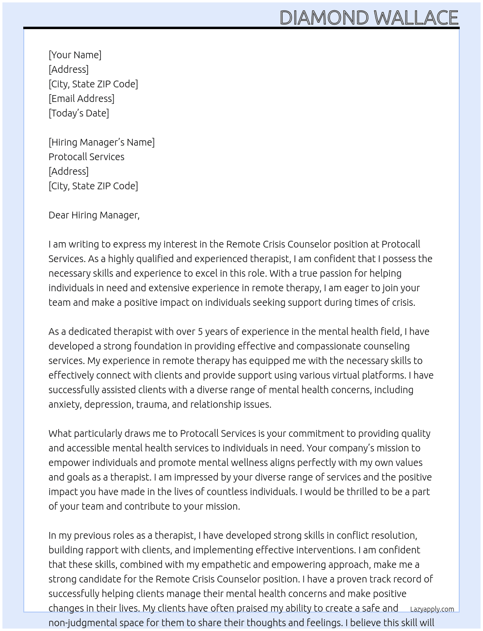 Remote Crisis Counselor At protocall services  Cover Letter