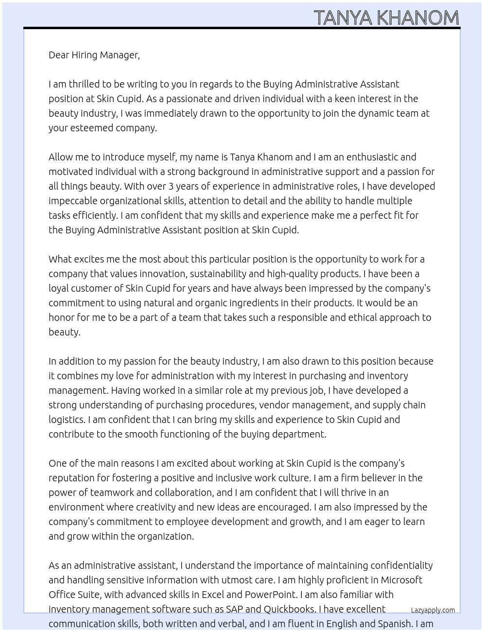 Buying administrative assistant  At Skin Cupid Cover Letter