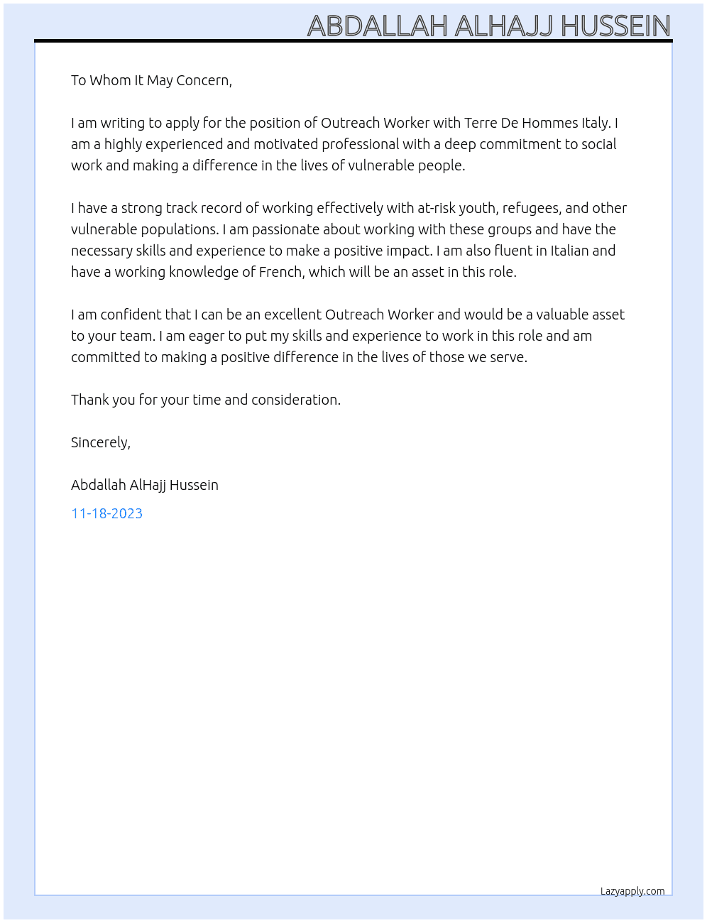 Outreach Worker At Terre De Hommes Italy  Cover Letter