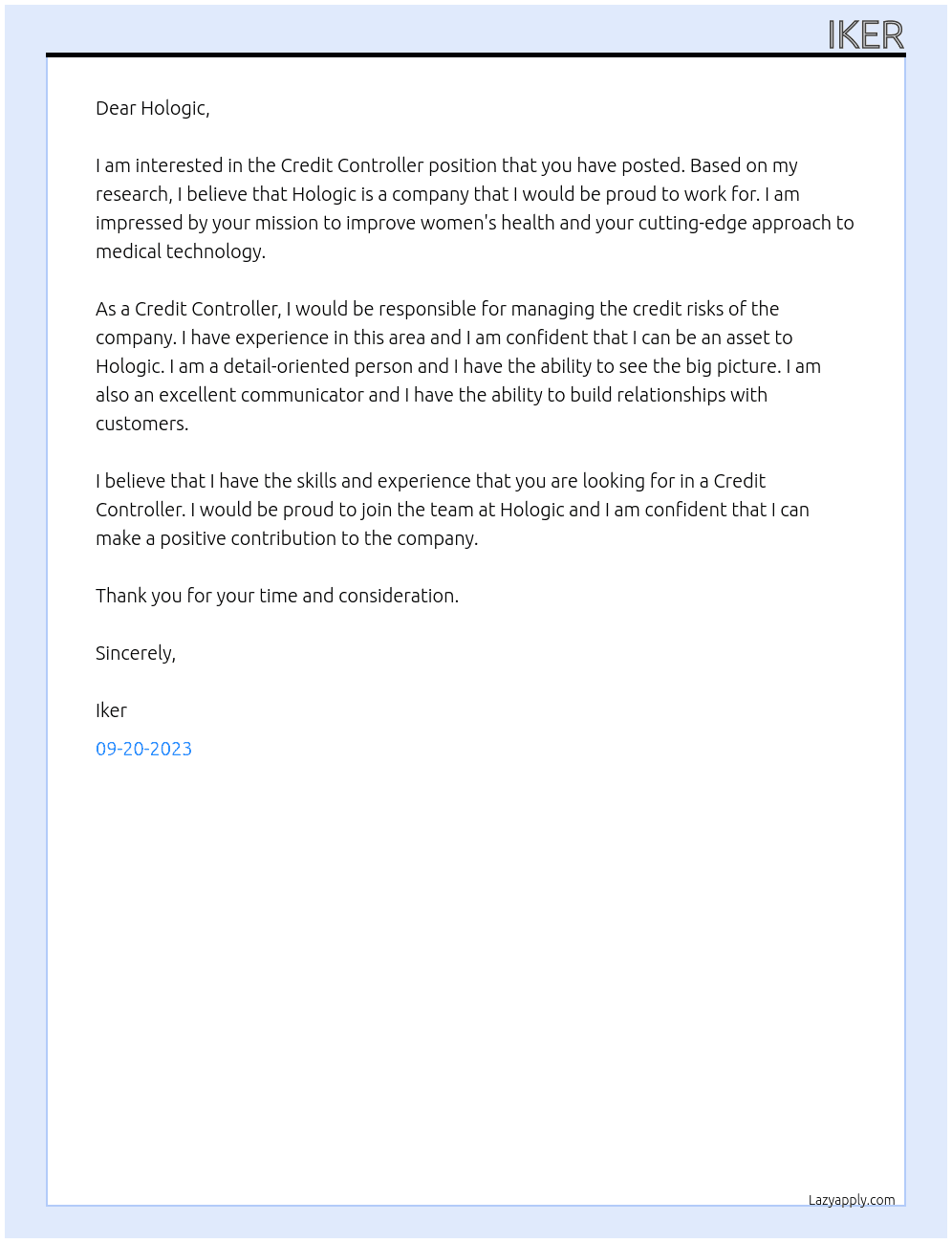 Credit Controller At Hologic Cover Letter