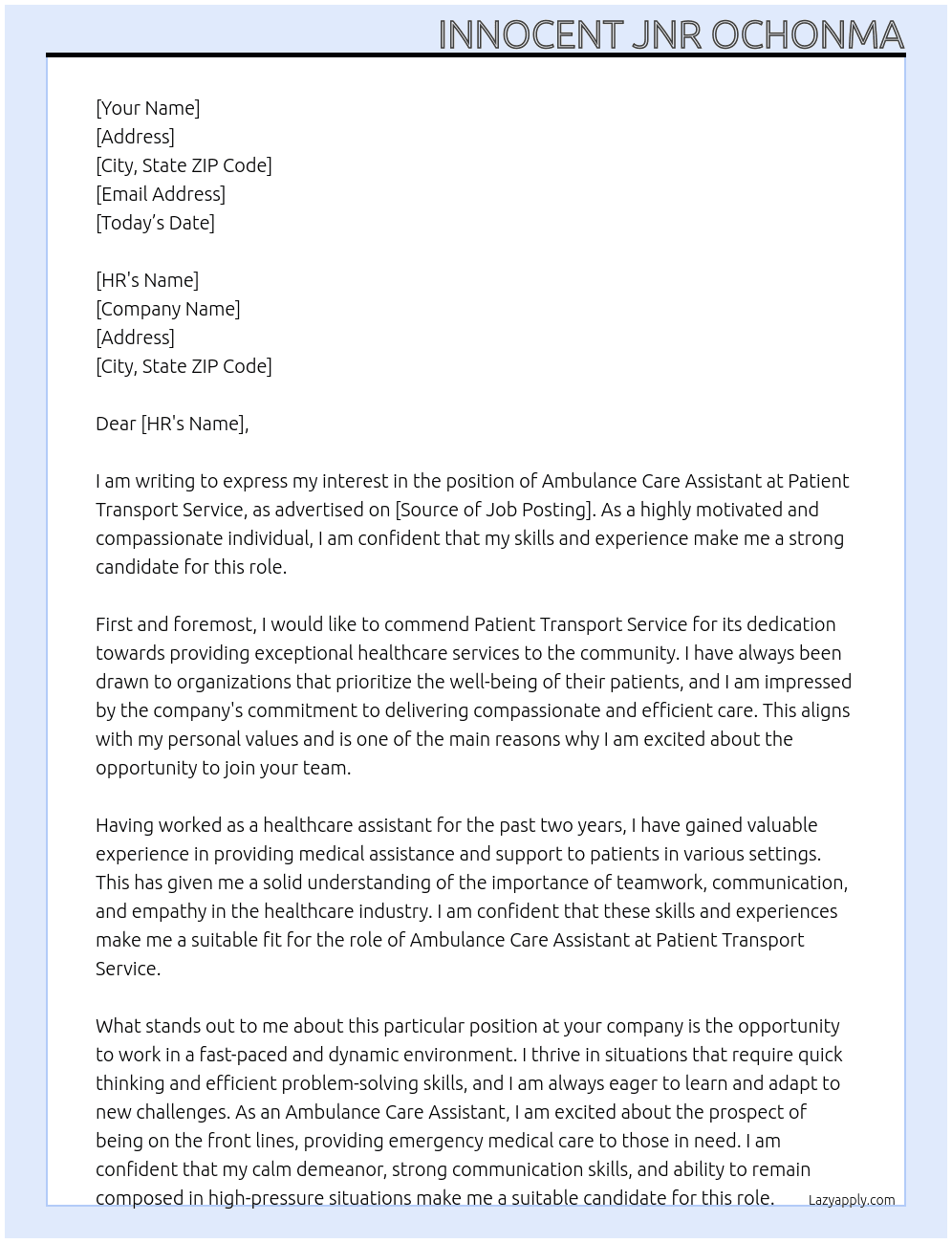 Ambulance Care Assistant At Patient Transport Service Cover Letter