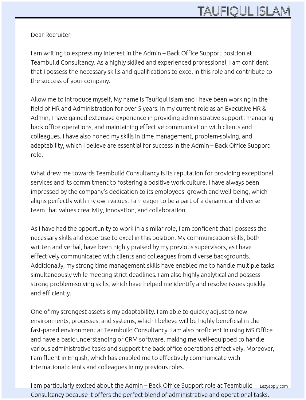 Admin – Back Office Support At Teambuild Consultancy Cover Letter
