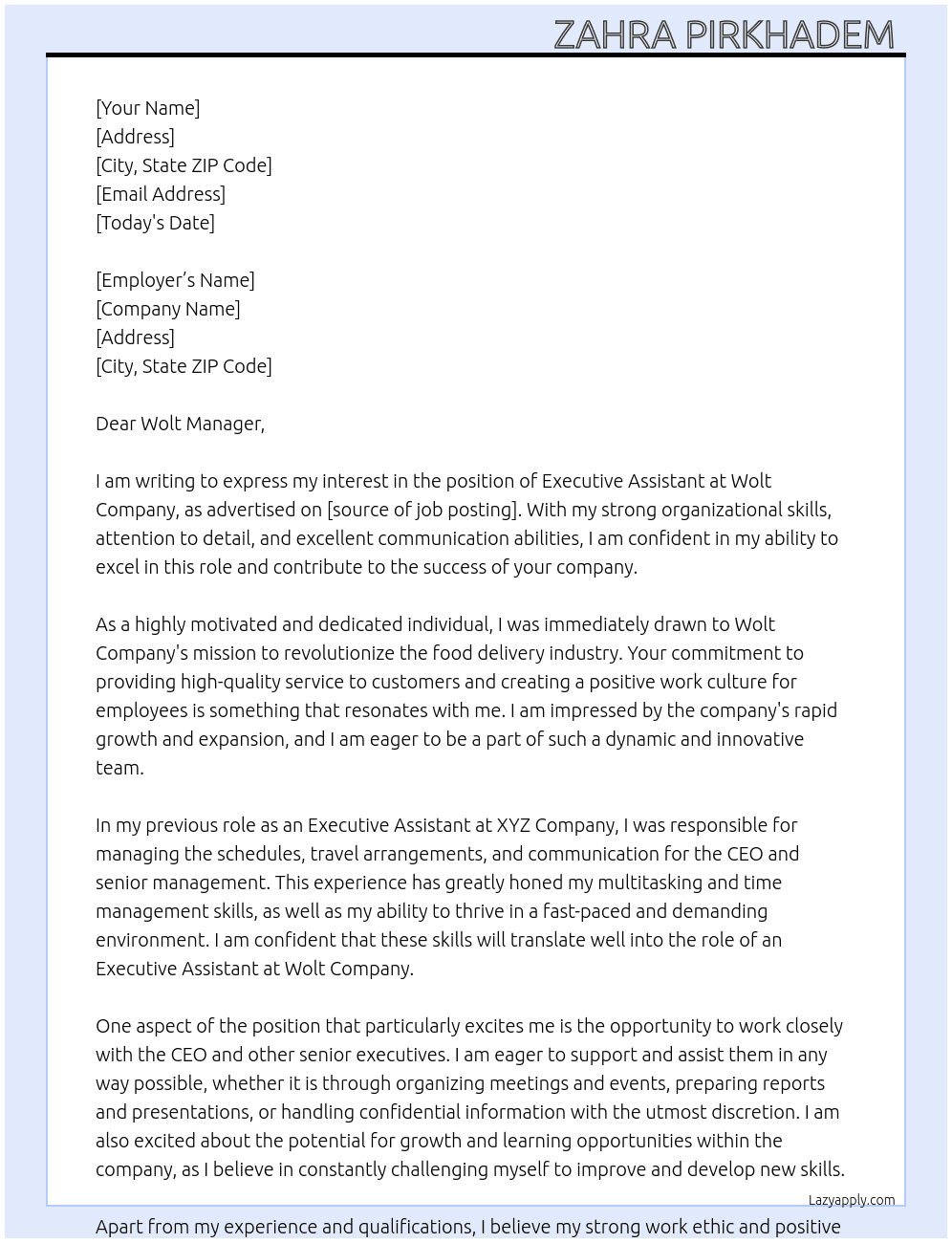 executive assistant  At wolt company  Cover Letter