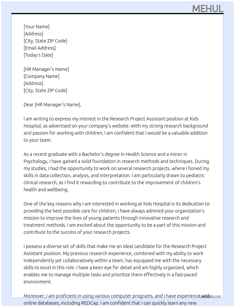 research project assistant At  Kids hospital Cover Letter