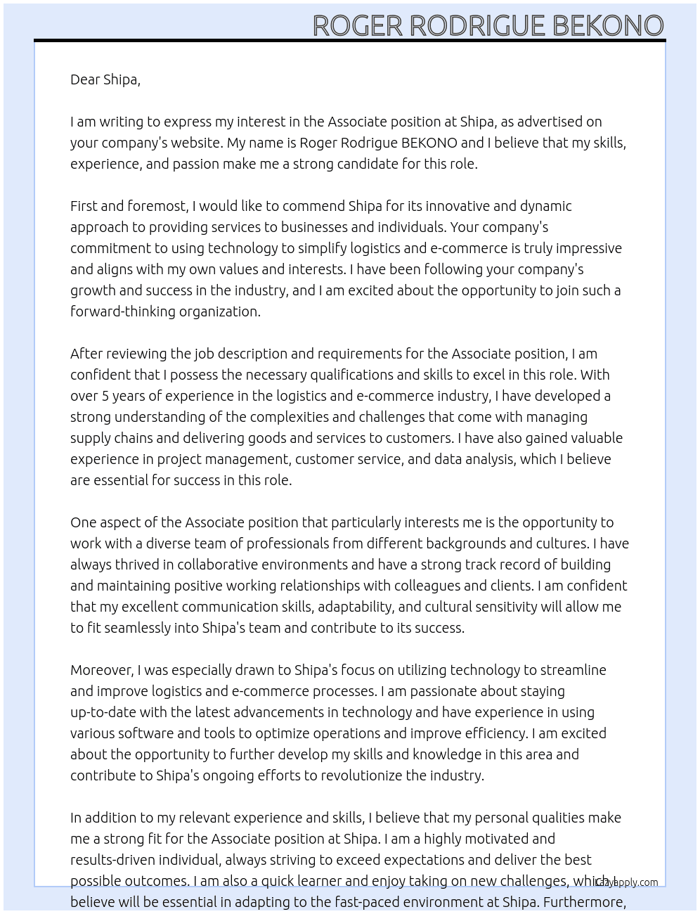 Associate At Shipa Cover Letter