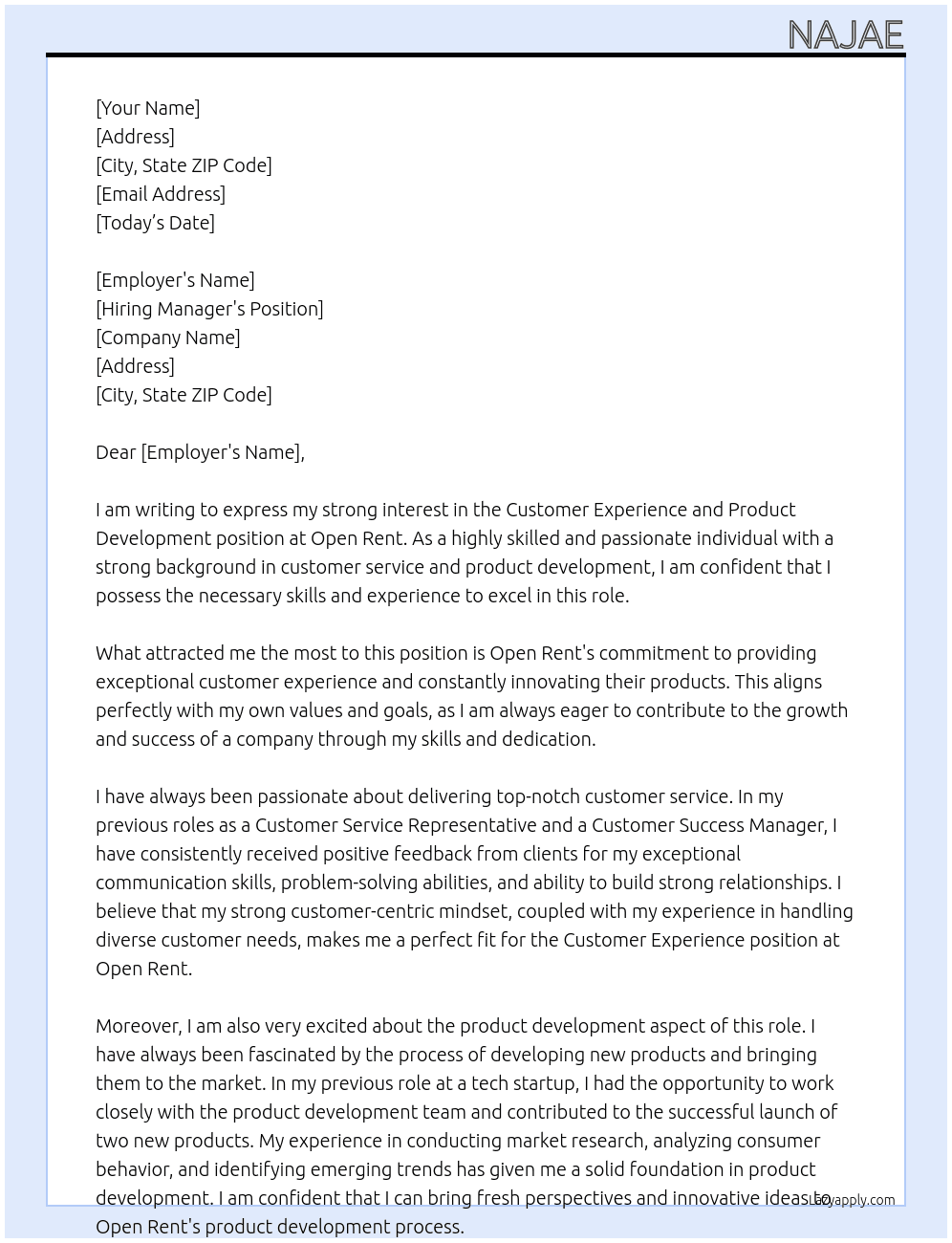 Customer Experience and Product Development At open rent  Cover Letter