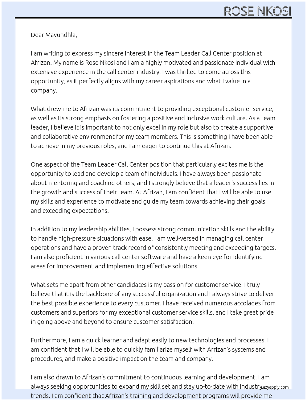 Team leader Call center At Afrizan Cover Letter