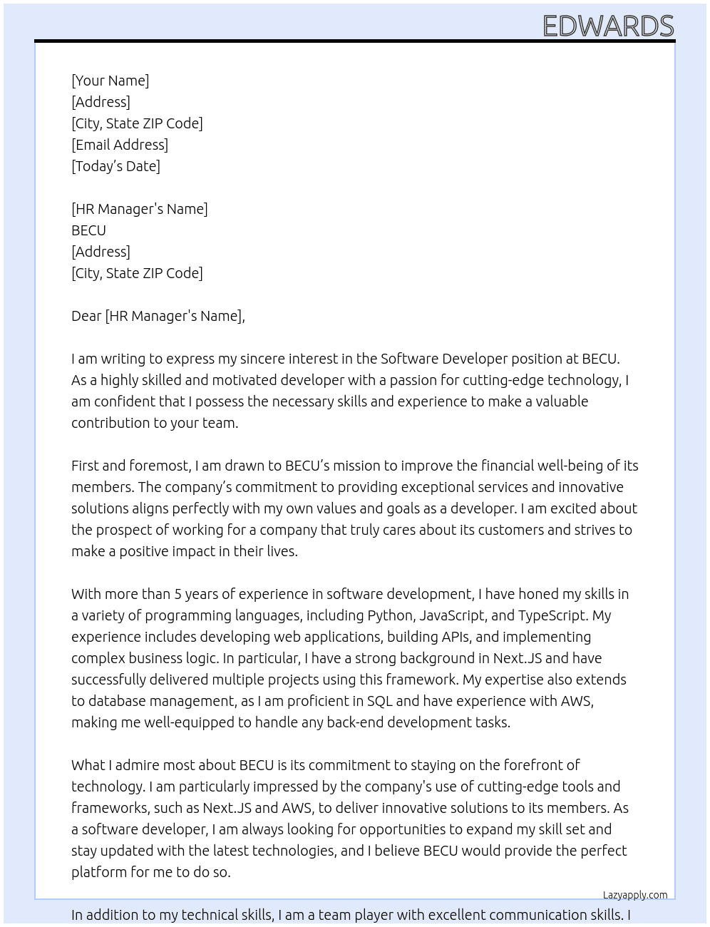 Software Developer At BECU Cover Letter