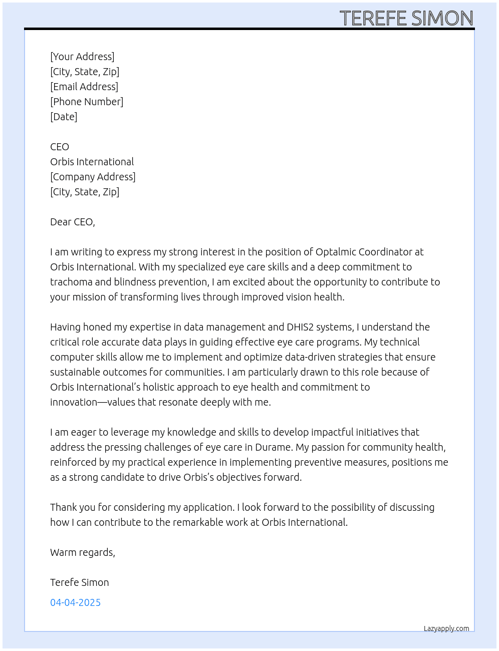 Cover letter for optalimic coordinator - LazyApply