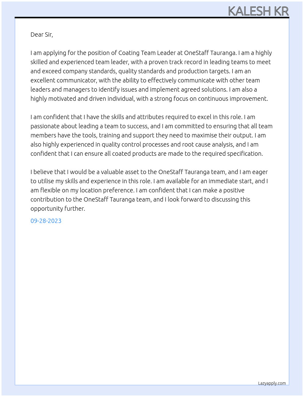 Coating Team Leader At OneStaff Tauranga Cover Letter