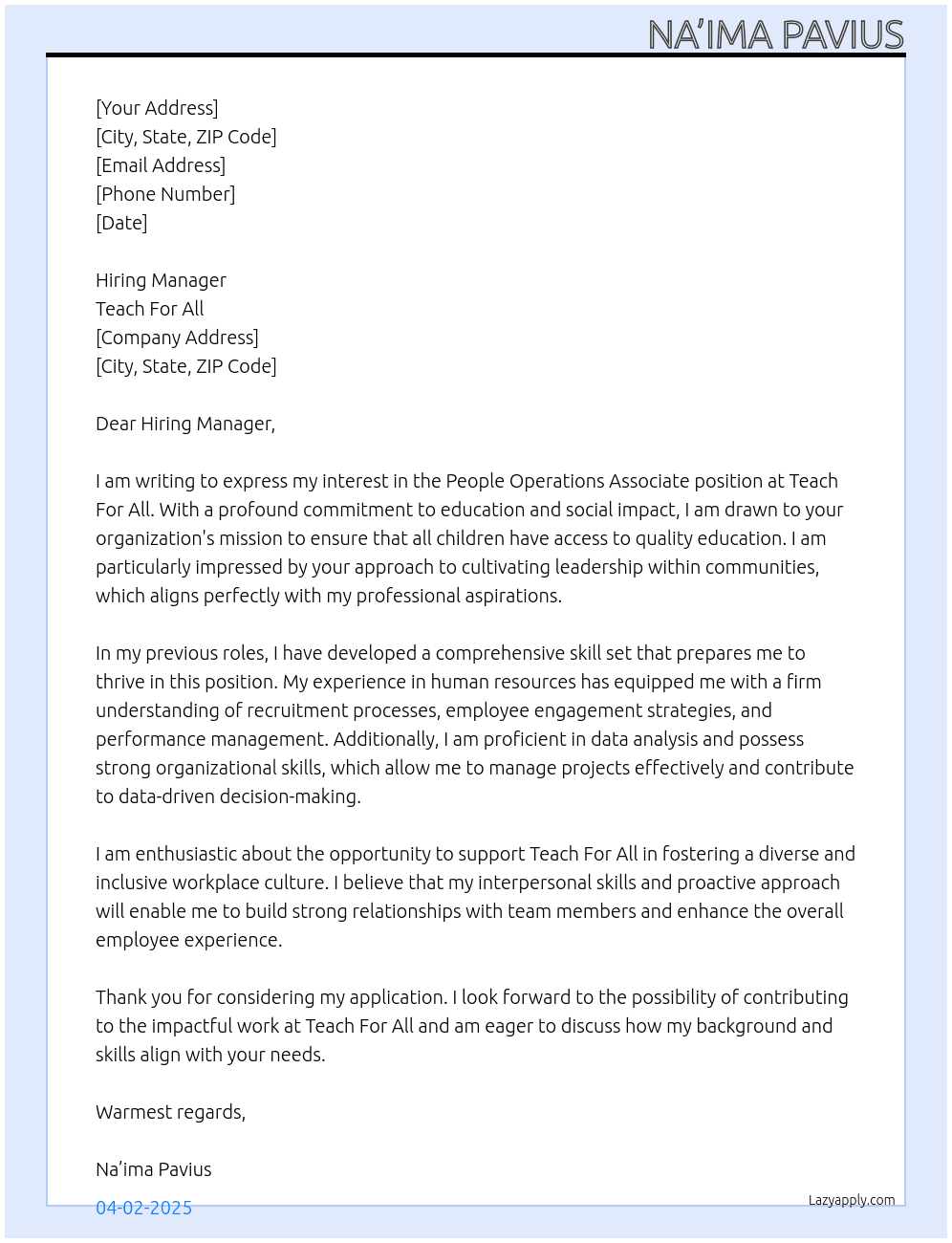 People Operations Associate At Teach For All Cover Letter
