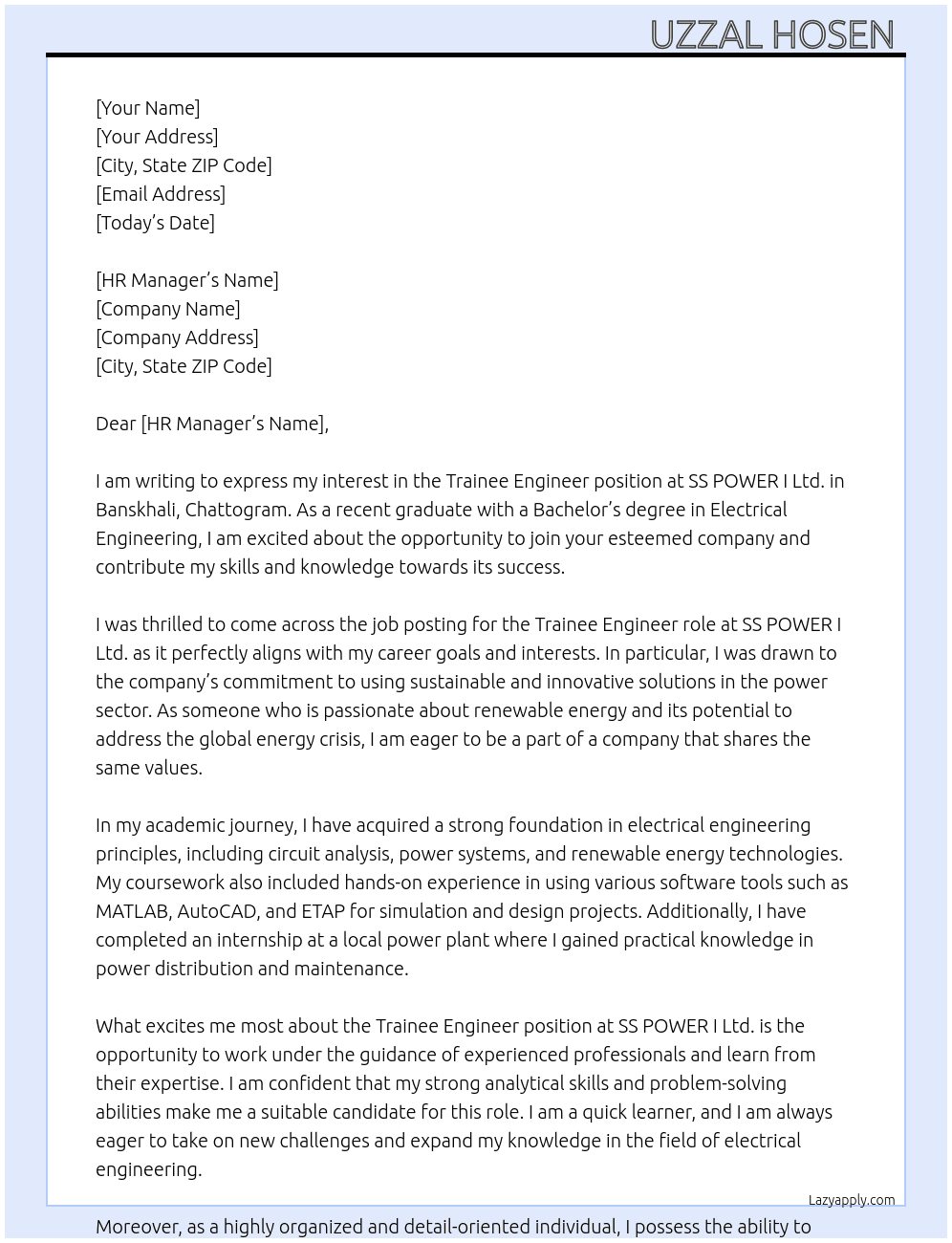 Application for Trainee engineer  At SS POWER I Ltd. Cover Letter