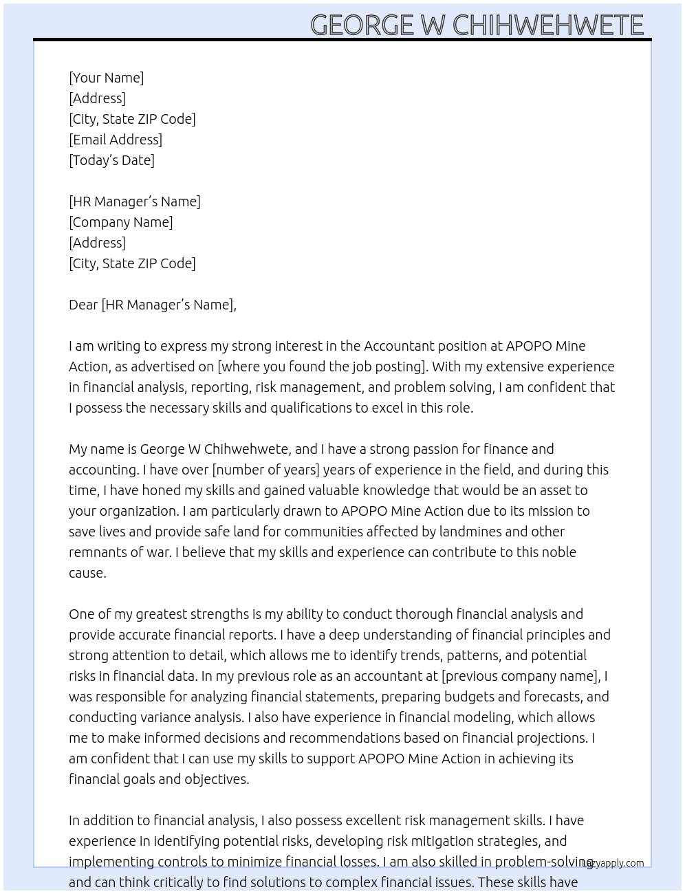 Accountant  At APOPO Mine Action  Cover Letter