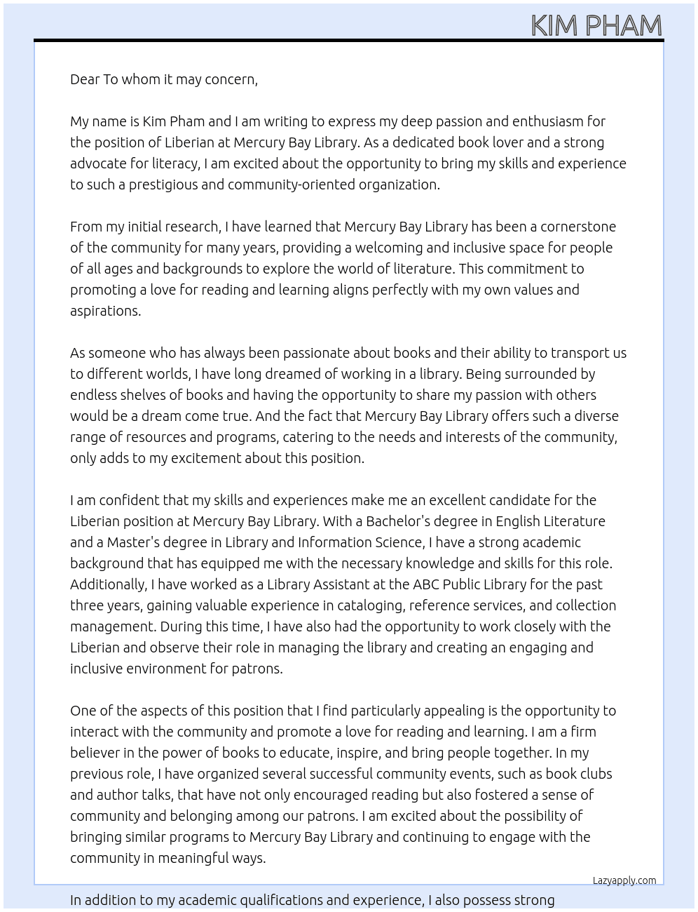 Liberian At Mercury Bay Library Cover Letter