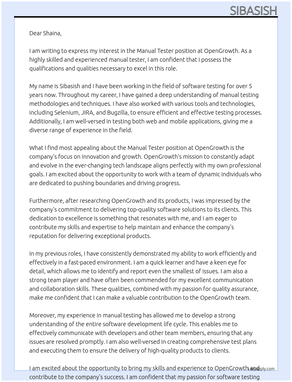 Manual Tester At OpenGrowth Cover Letter