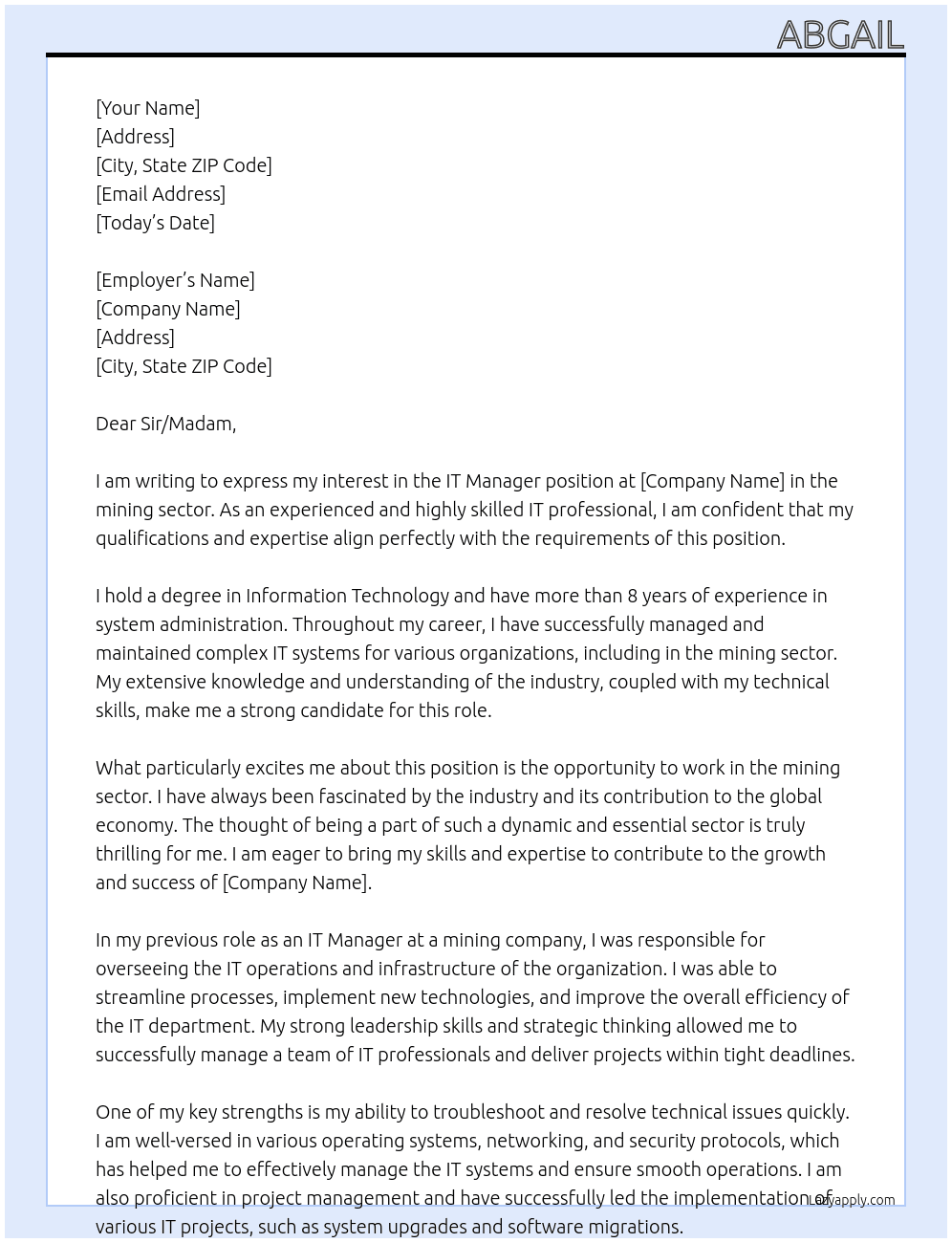 IT Manager At mining sector Cover Letter